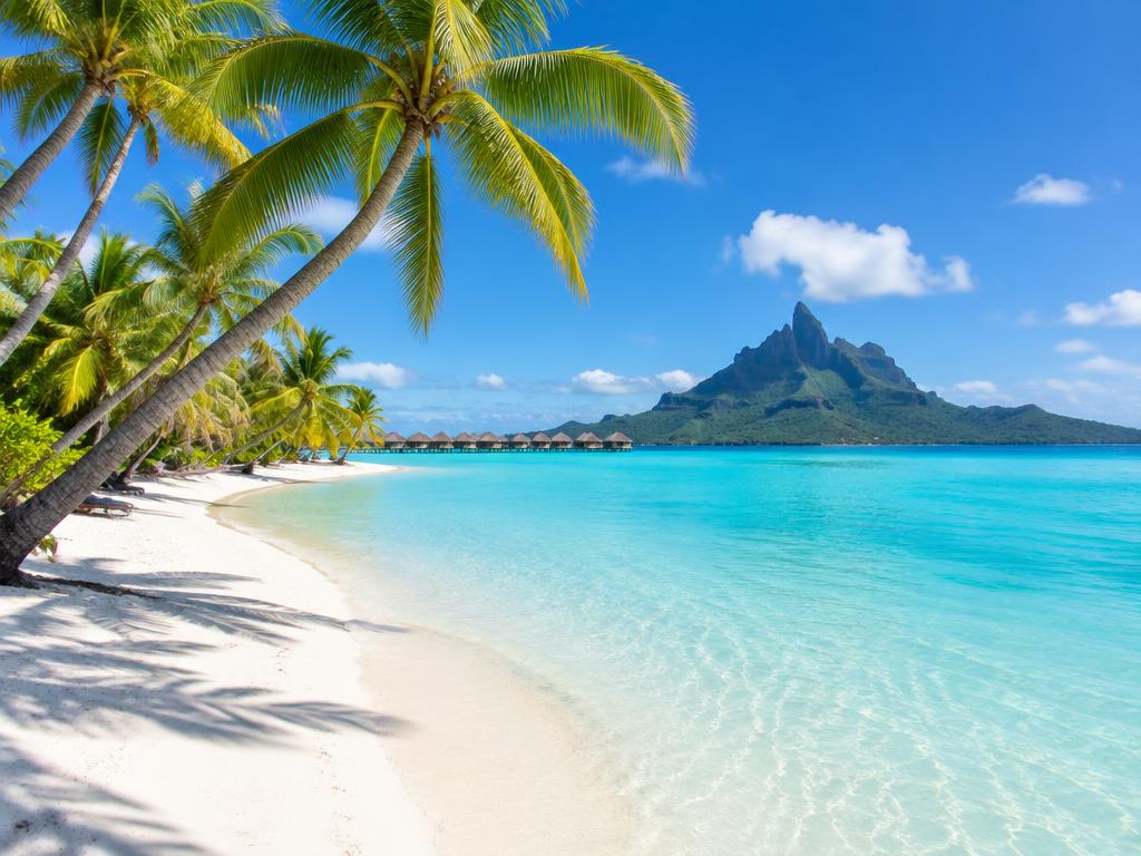 Palm trees leaning over the clear white sand and shallow turquoise water of Matira Beach