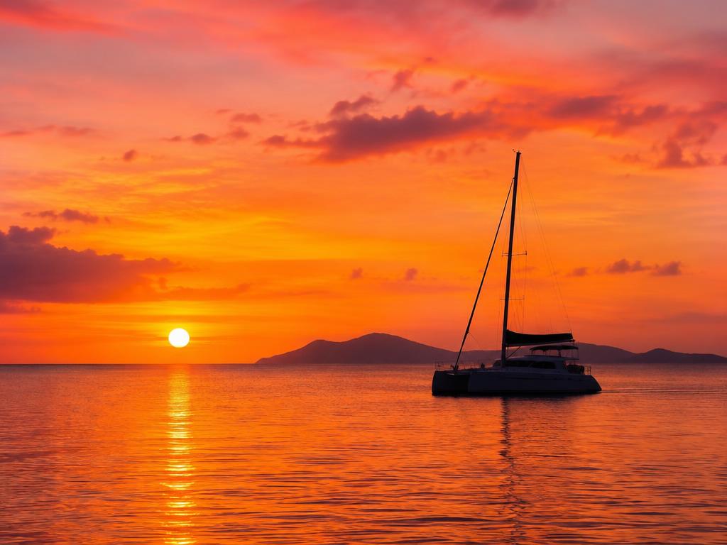 Catamaran silhouetted on calm water under a vivid orange tropical sunset
