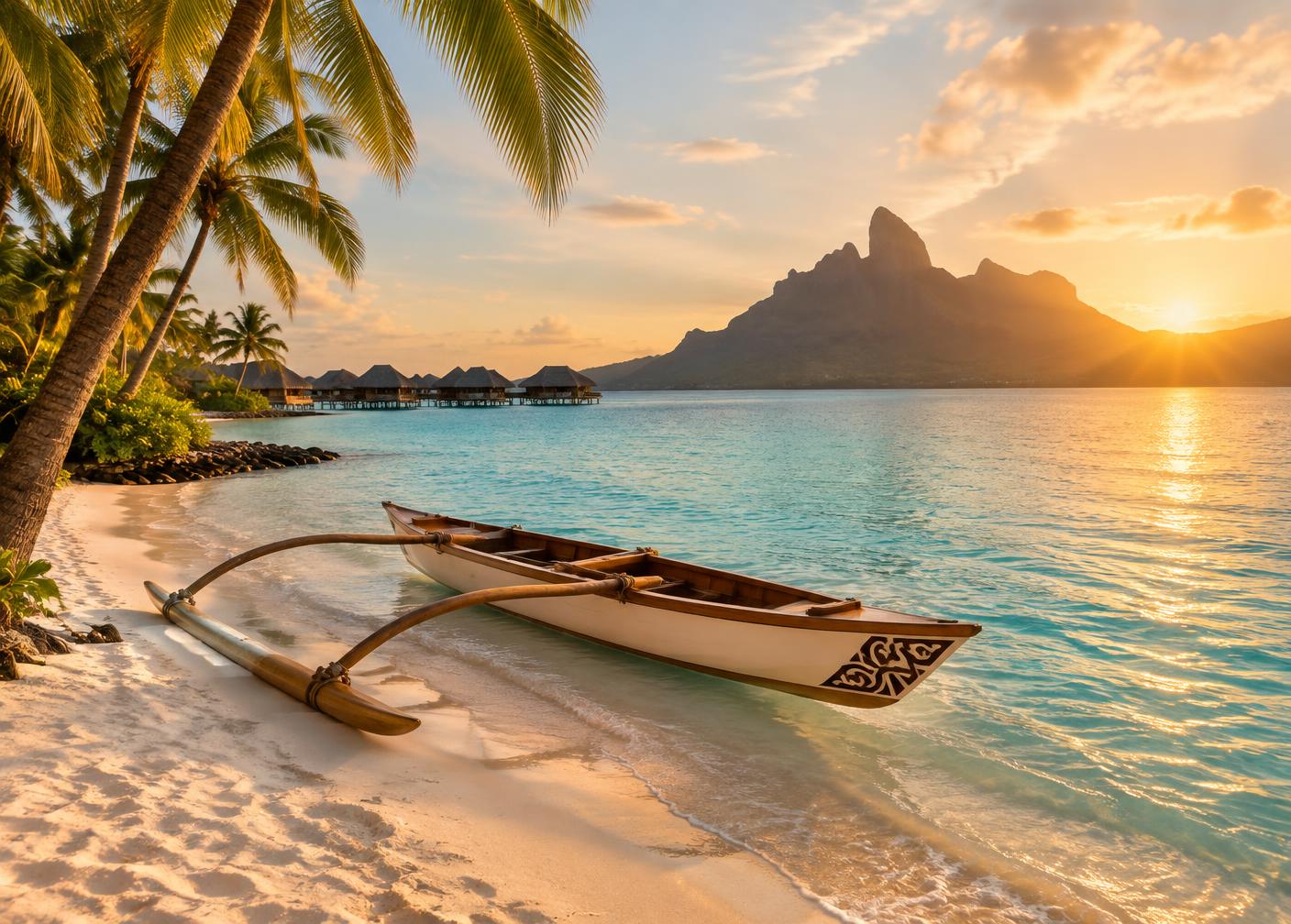 Outrigger canoe on a Bora Bora beach at sunset