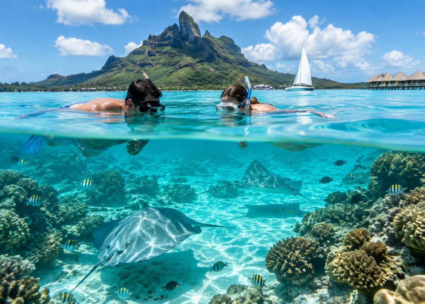 Travelers snorkeling with rays in Bora Bora lagoon