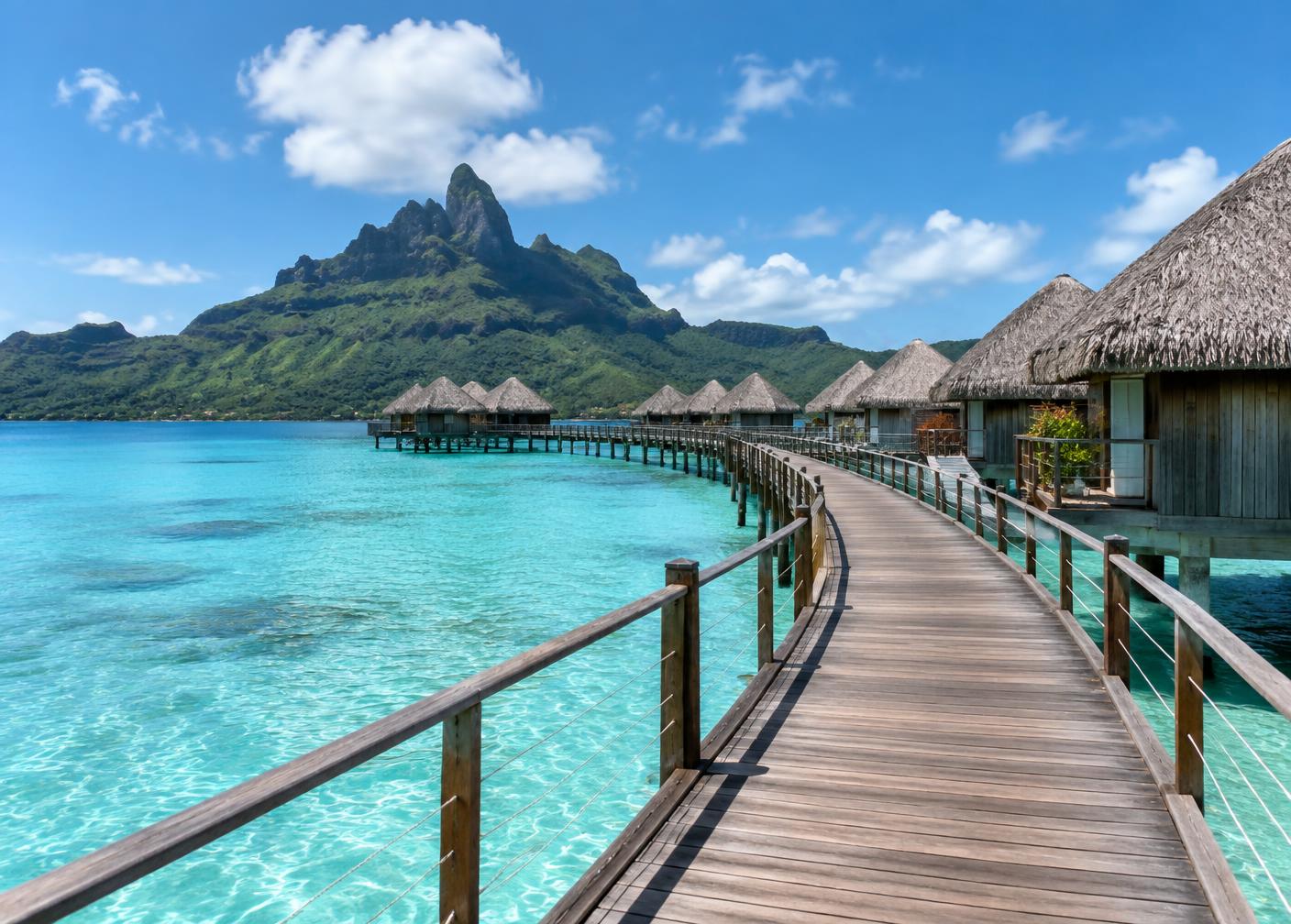 Overwater bungalows facing Mount Otemanu in Bora Bora