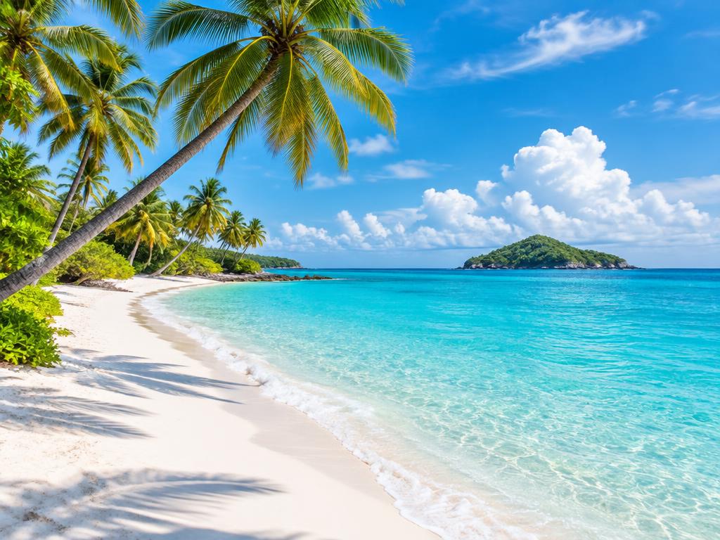 Palm-lined tropical beach with white sand and turquoise water