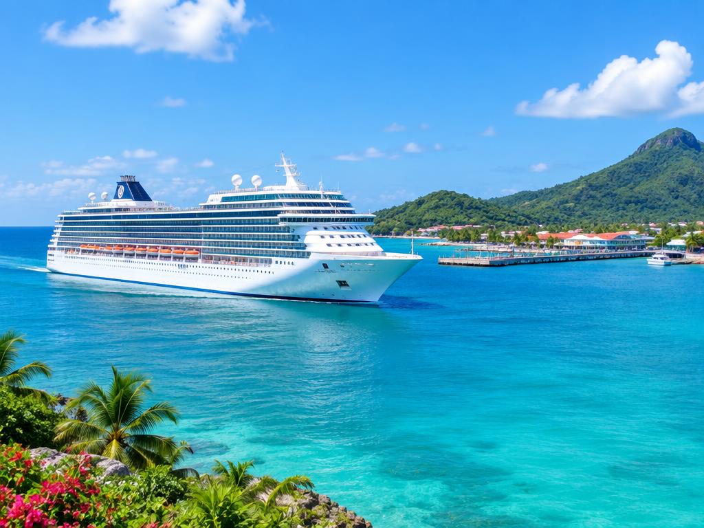 Cruise ship arriving at a tropical island port with turquoise water