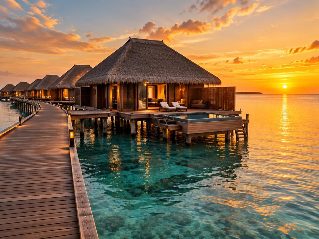 Overwater villas at a luxury resort at golden hour