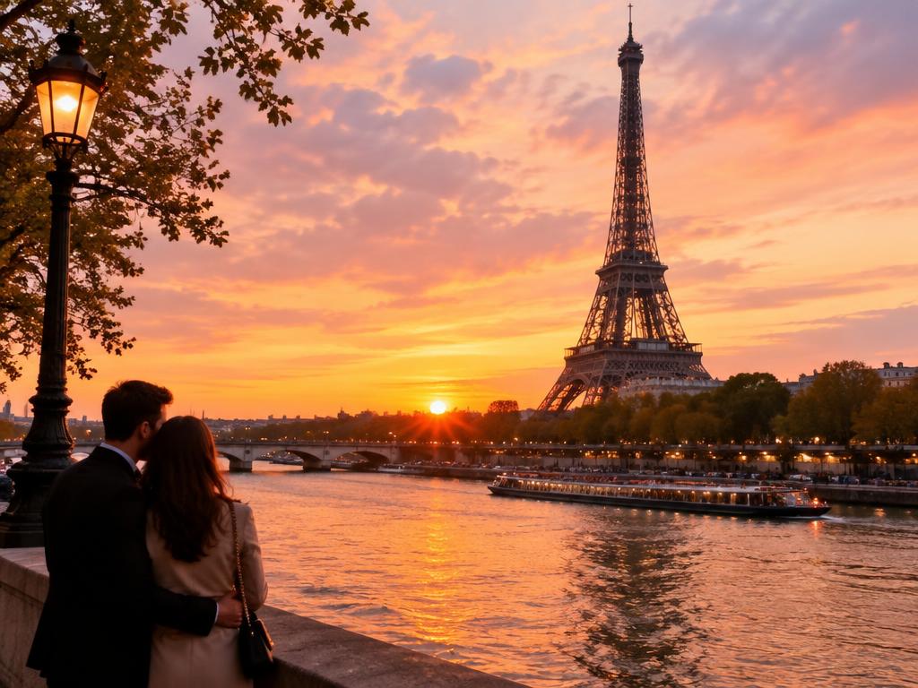 Couple watching the Eiffel Tower at sunset from the banks of the Seine in Paris