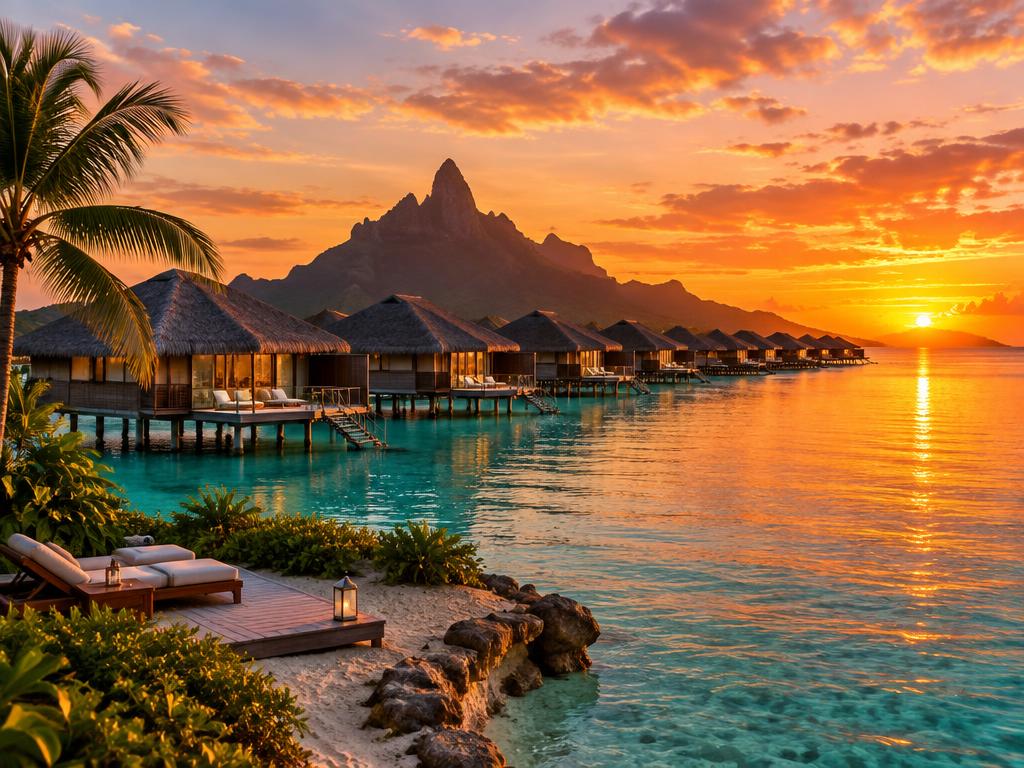 Sunset over overwater villas at Conrad Bora Bora Nui's private-islet setting