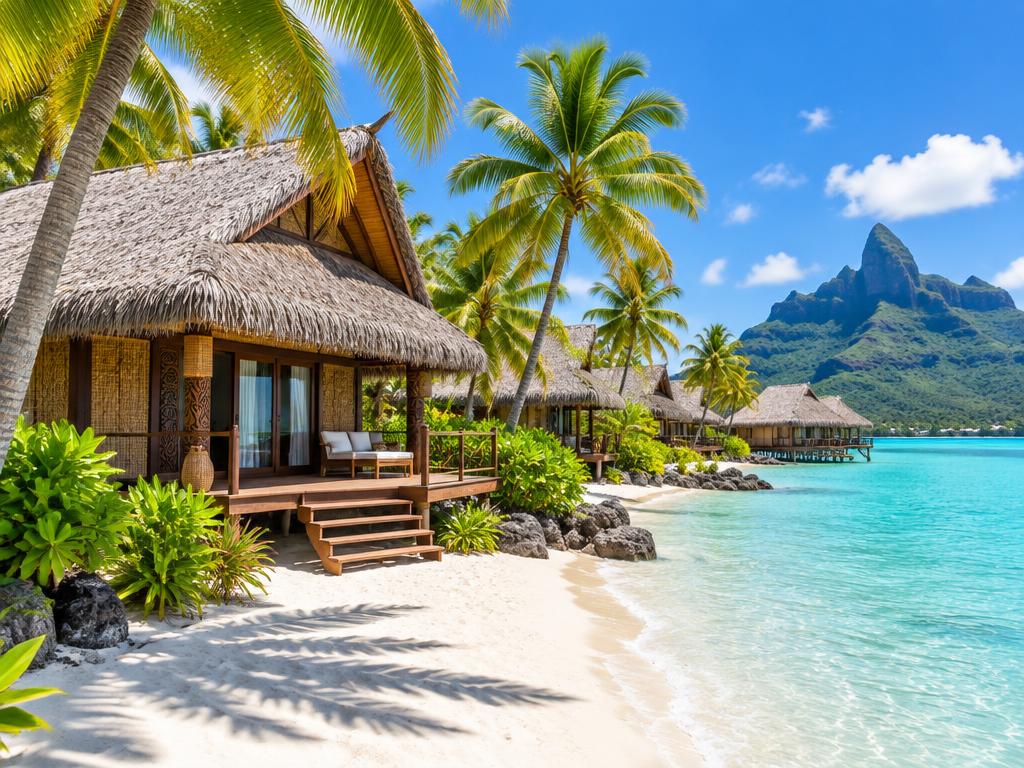 Thatched Polynesian beach bungalows among palms at Le Bora Bora by Pearl Resorts