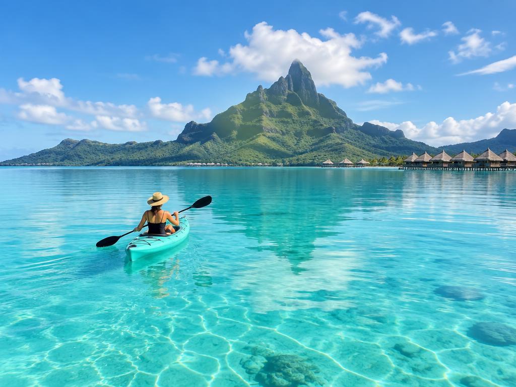 Kayaker paddling across calm, shallow turquoise lagoon water beneath Mount Otemanu in Bora Bora
