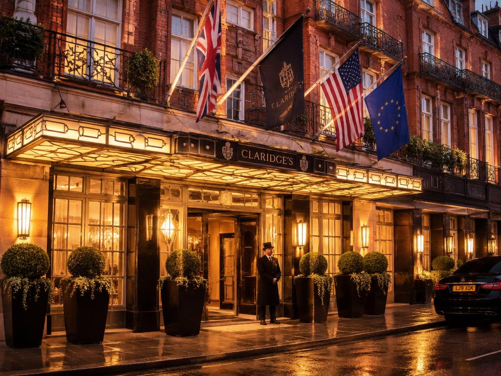 Claridge's red-brick Mayfair facade and Art Deco entrance canopy at night