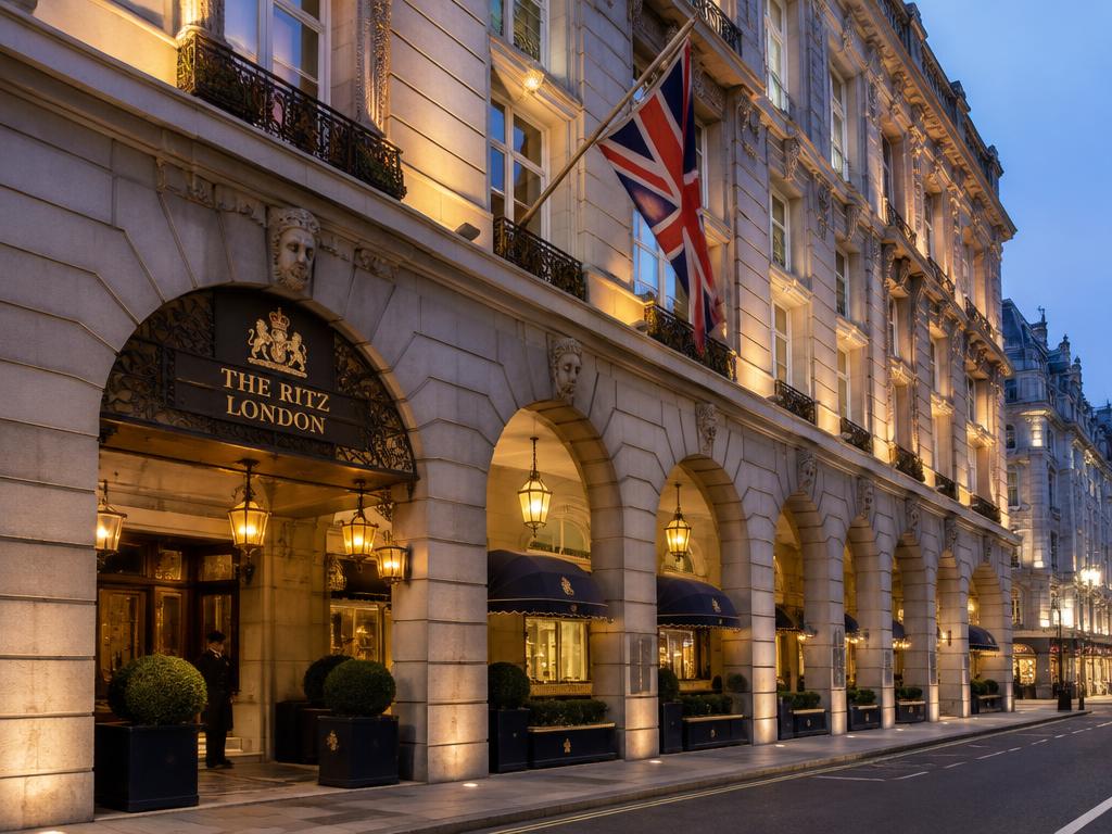 The Ritz London's arched Piccadilly colonnade in the evening