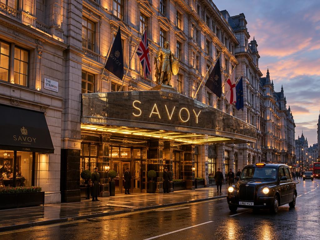 The Savoy hotel's illuminated entrance on the Strand at dusk