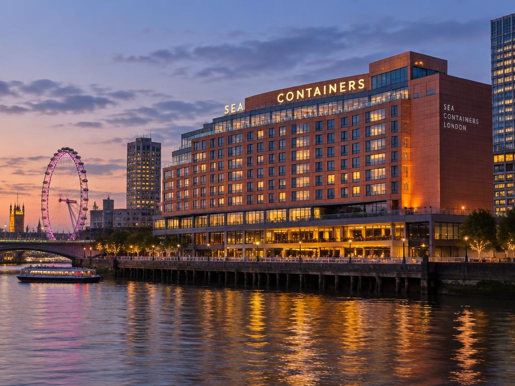 Sea Containers London on the South Bank of the Thames at dusk, with the London Eye beyond