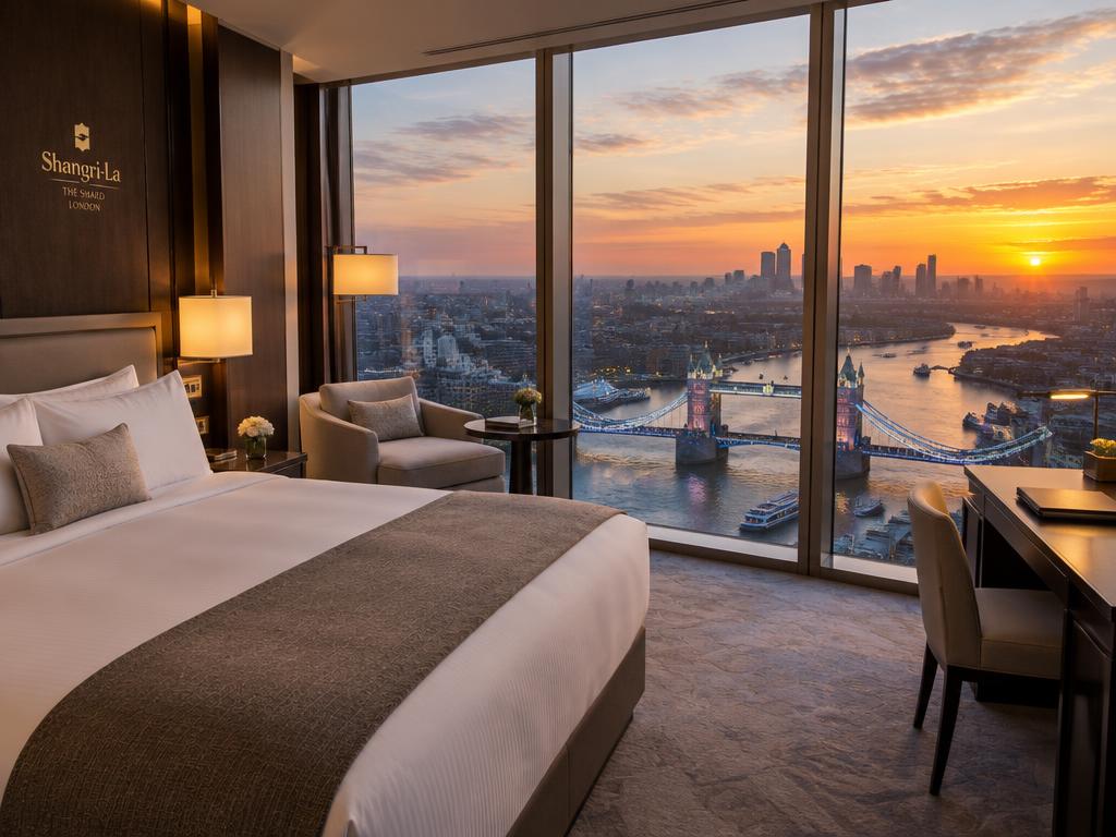 A high-floor room at Shangri-La The Shard with sunset views over Tower Bridge