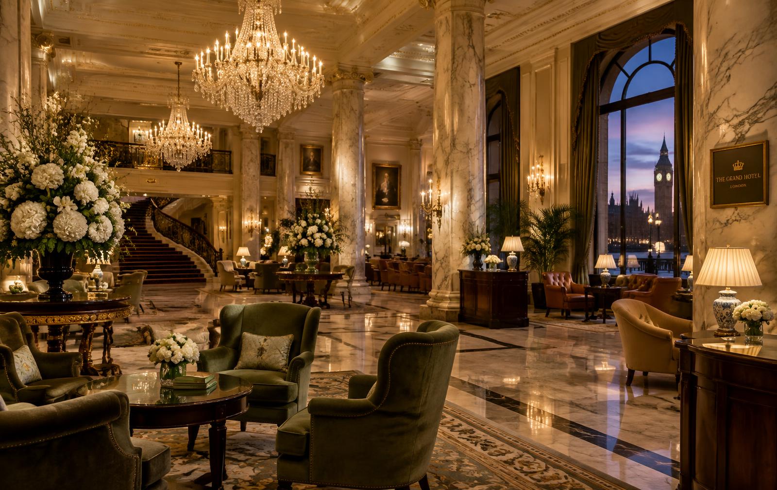 A grand London hotel lobby with chandeliers, marble columns and a view of Big Ben at dusk