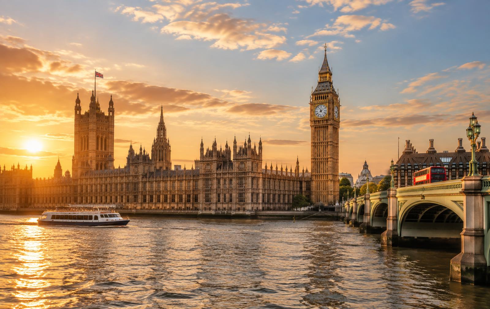 Big Ben and the Houses of Parliament beside the River Thames at golden hour