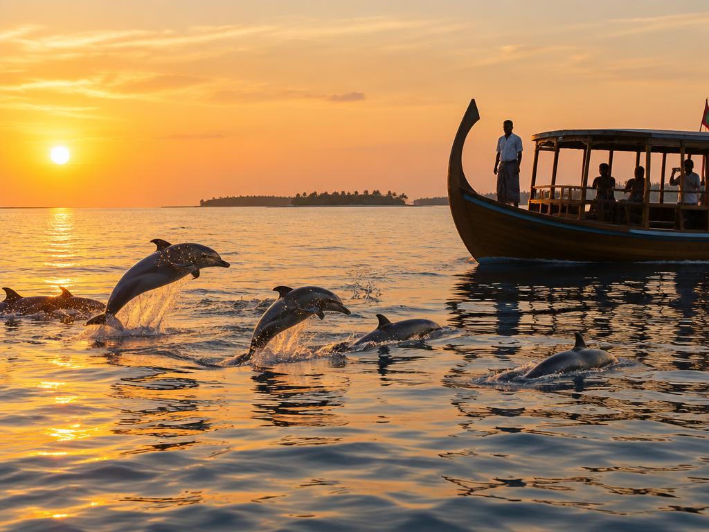 Spinner dolphins leaping beside a traditional dhoni boat at sunset in the Maldives