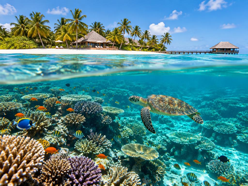 Sea turtle and tropical fish over a coral house reef beside a Maldives beach