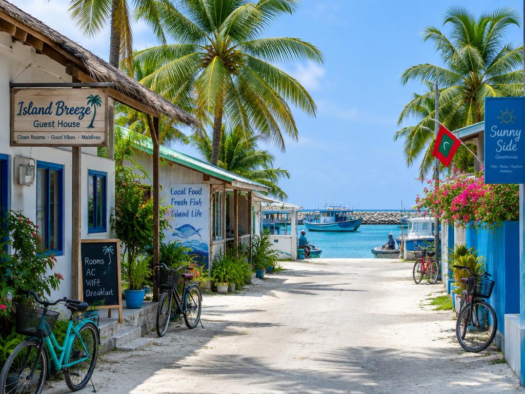 Quiet sandy street on a local Maldives island with guesthouses, bicycles and a harbor beyond