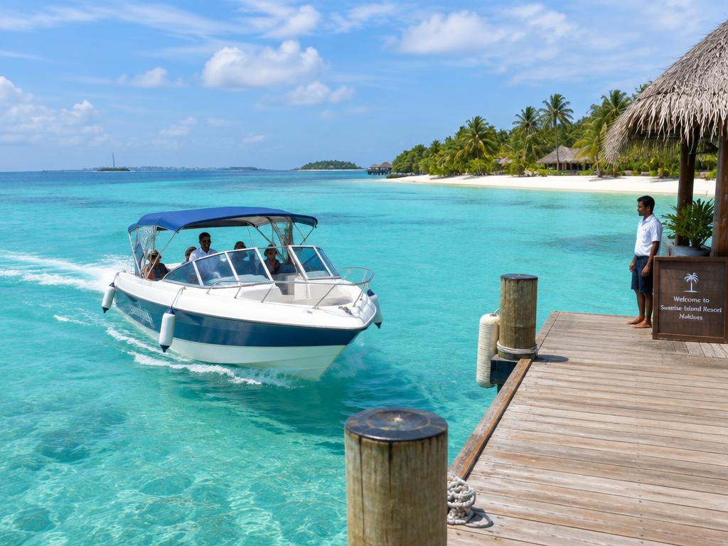 Speedboat arriving at a resort jetty on a palm-fringed island near Malé