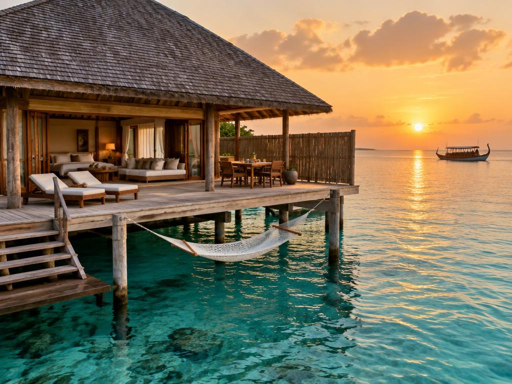 Representative rustic overwater villa and hammock at sunset in the Maldives