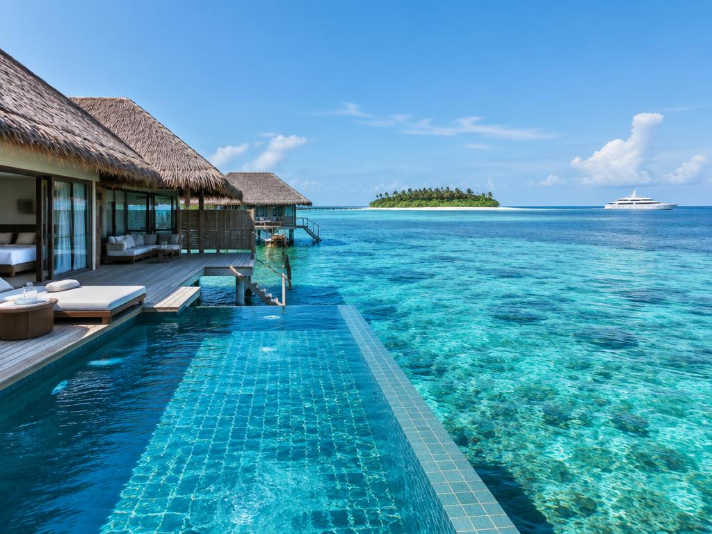 Representative overwater villa and infinity pool beside a Maldives reef