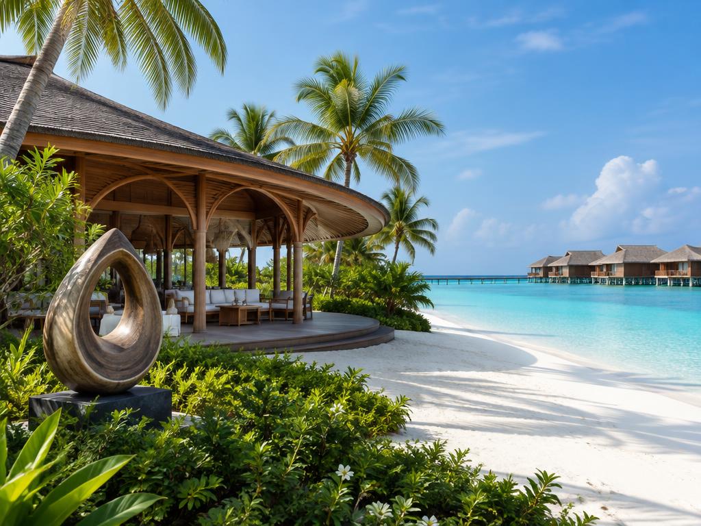 Representative artful beach pavilion and lagoon at a Maldives resort