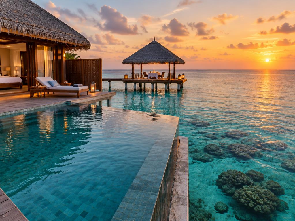 Representative private villa pool and sunset dining pavilion in the Maldives