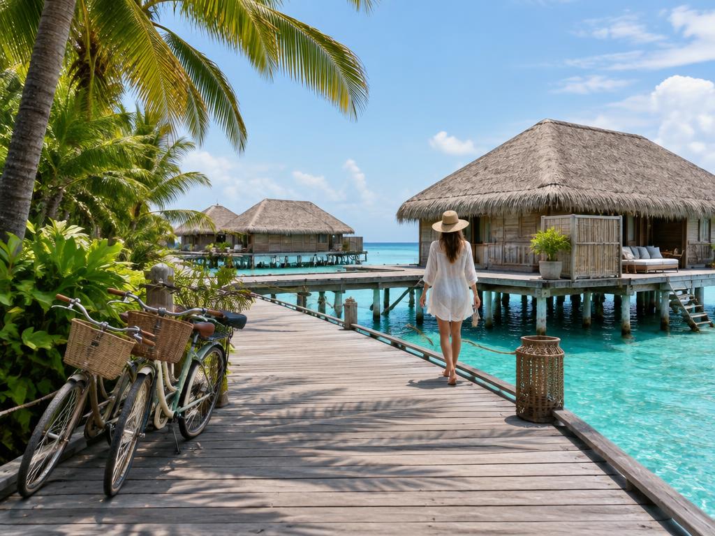 Representative relaxed overwater villas and bicycles at a Maldives resort