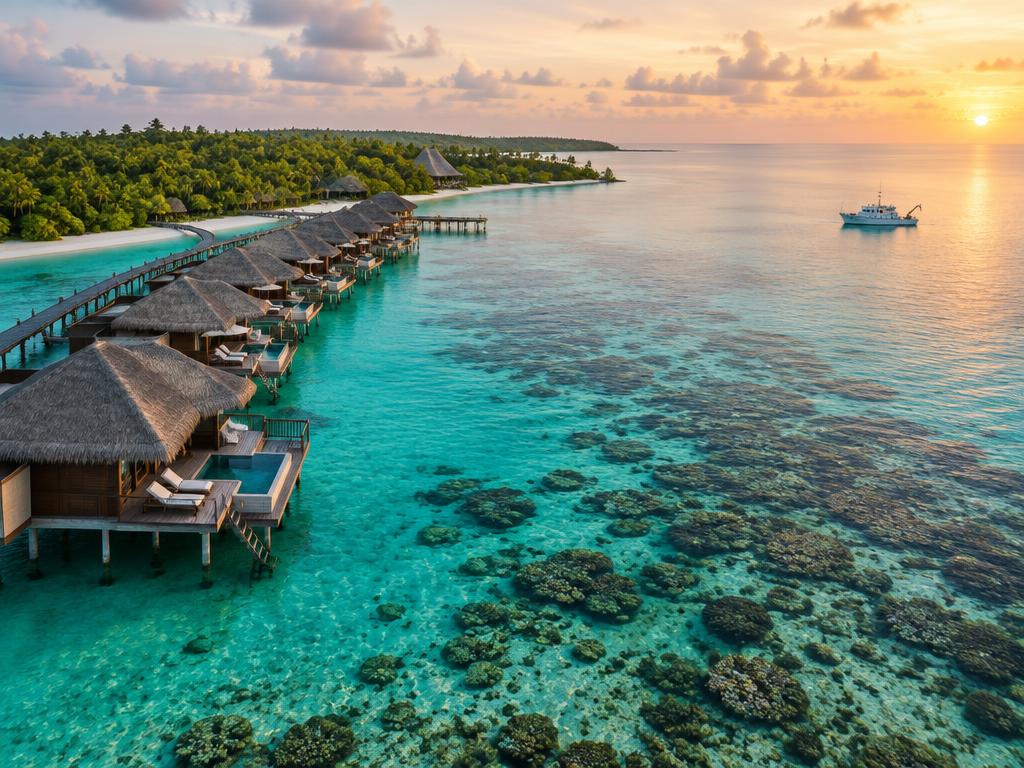Representative Maldives villas beside a clear reef at sunset