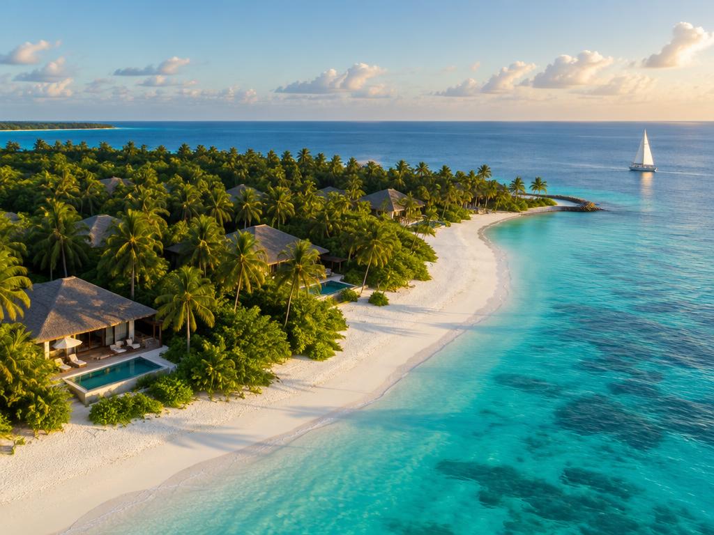 Representative private-island beach villas among palms in the Maldives
