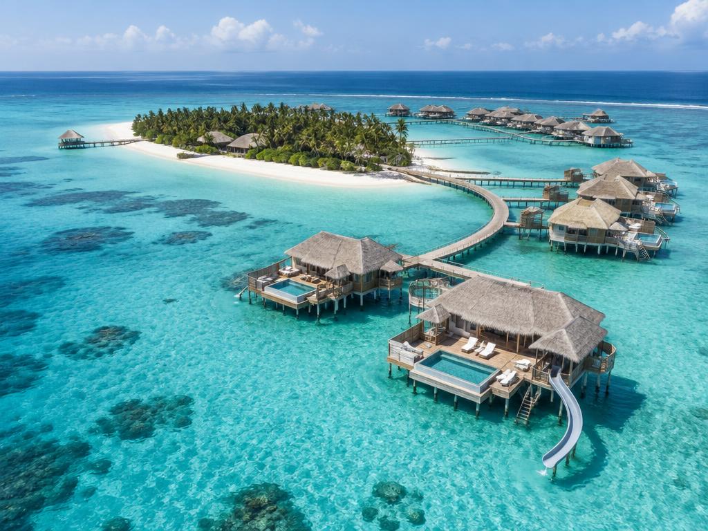 Representative overwater villas with a waterslide above a clear Maldives lagoon
