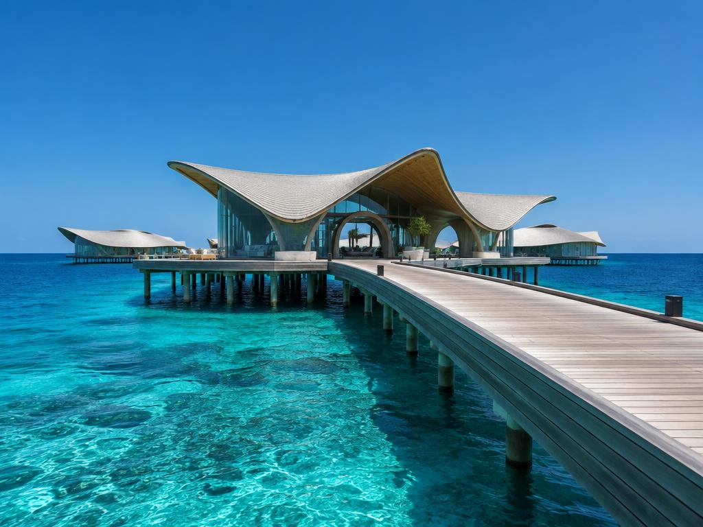 Representative sculptural overwater resort architecture in the Maldives