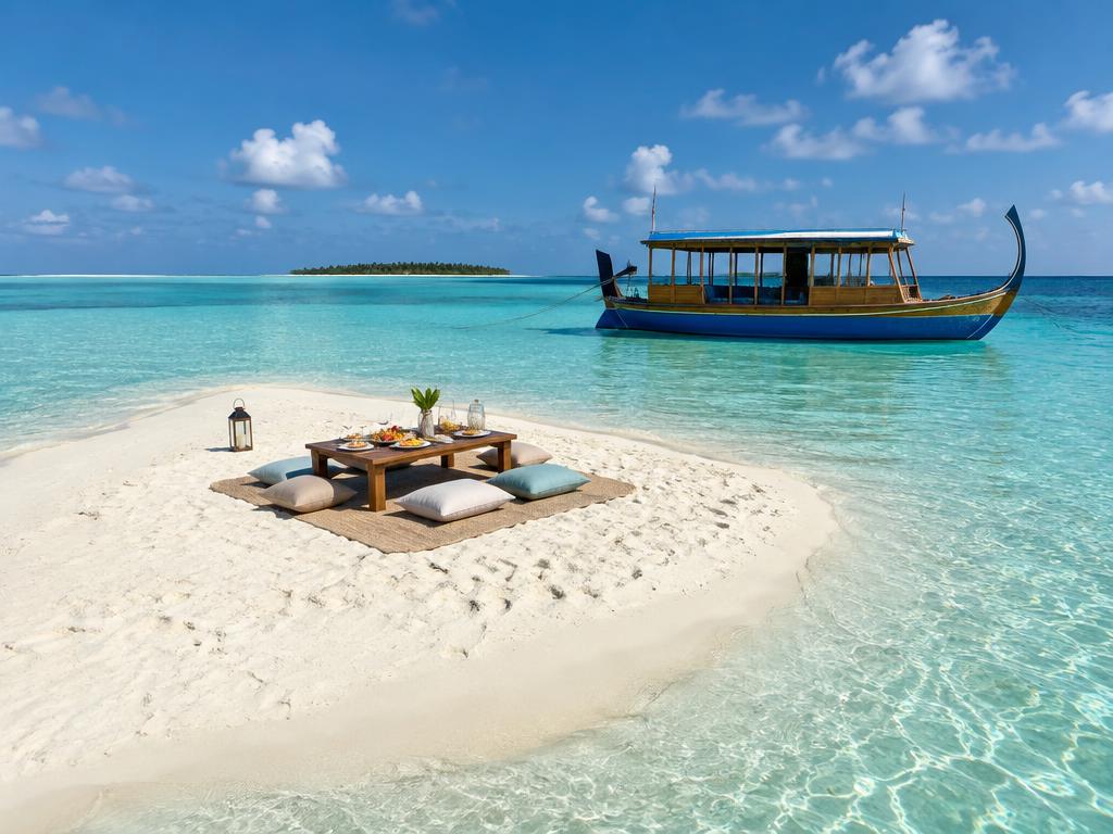 Picnic set up on a tiny white sandbank surrounded by shallow turquoise water in the Maldives