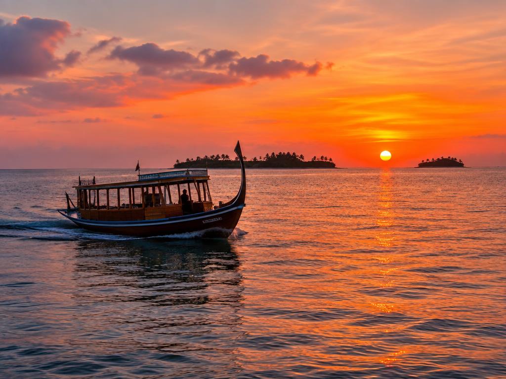 Traditional dhoni boat cruising at sunset past small Maldives islands