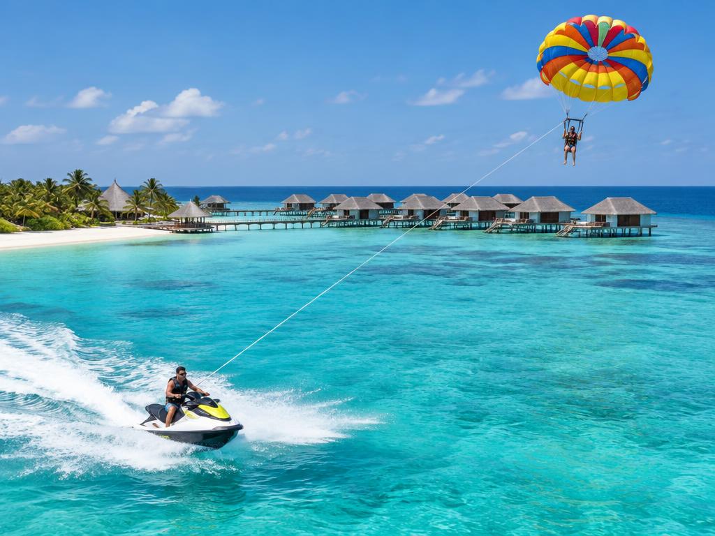 Jet ski and parasailing over a turquoise lagoon near a Maldives resort island