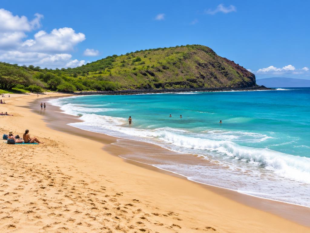 Wide golden sand and turquoise surf at a South Maui beach