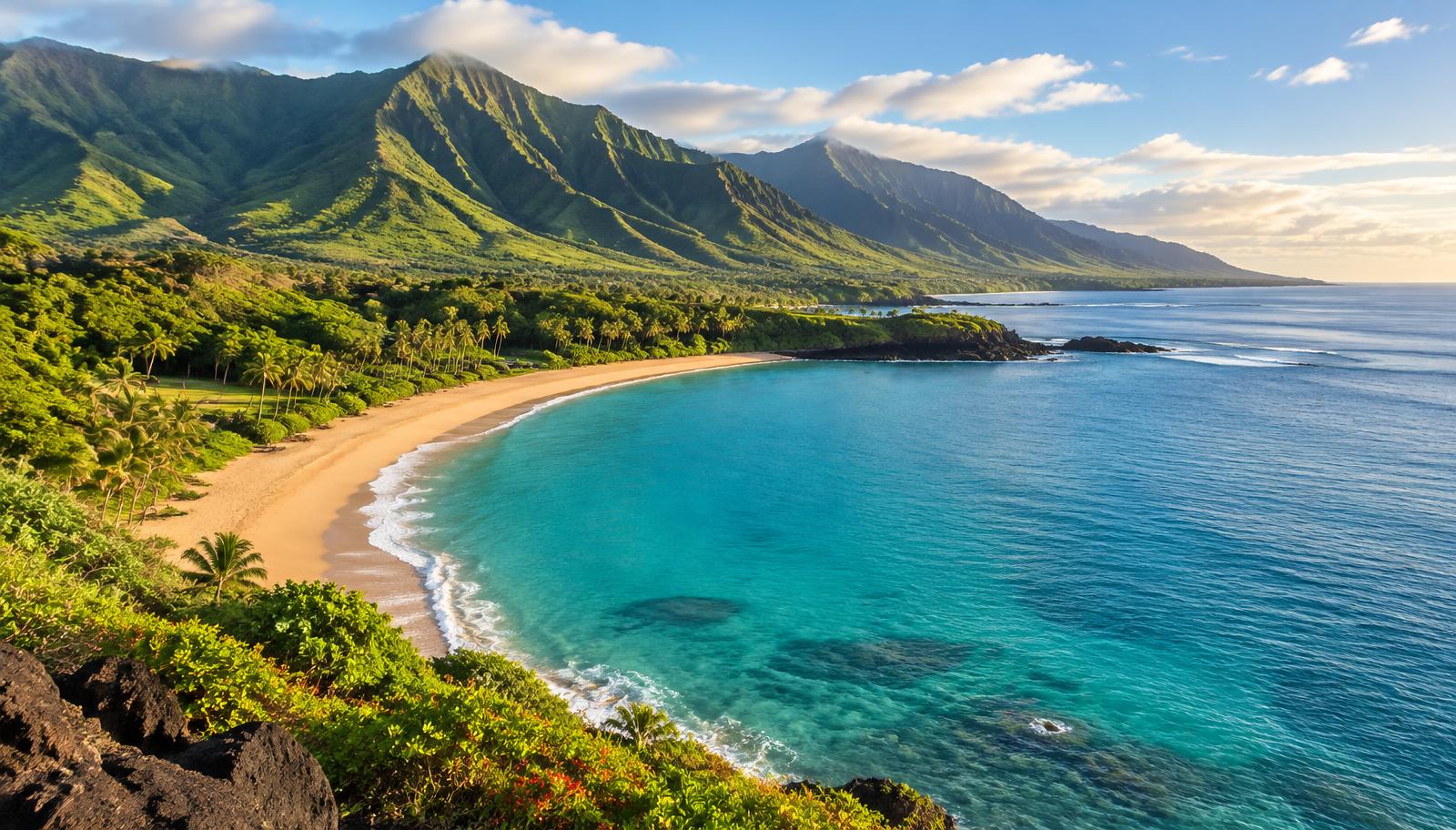 Golden crescent beach and turquoise water beneath the green West Maui mountains