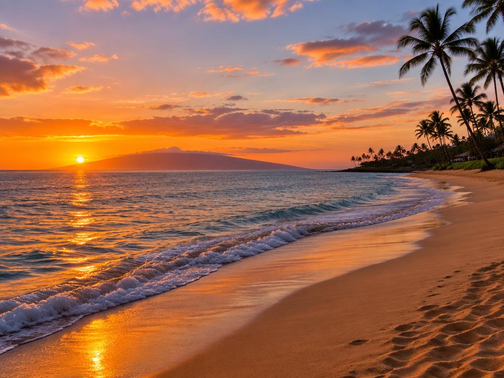 Sunset over Kāʻanapali Beach with the island of Lānaʻi on the horizon