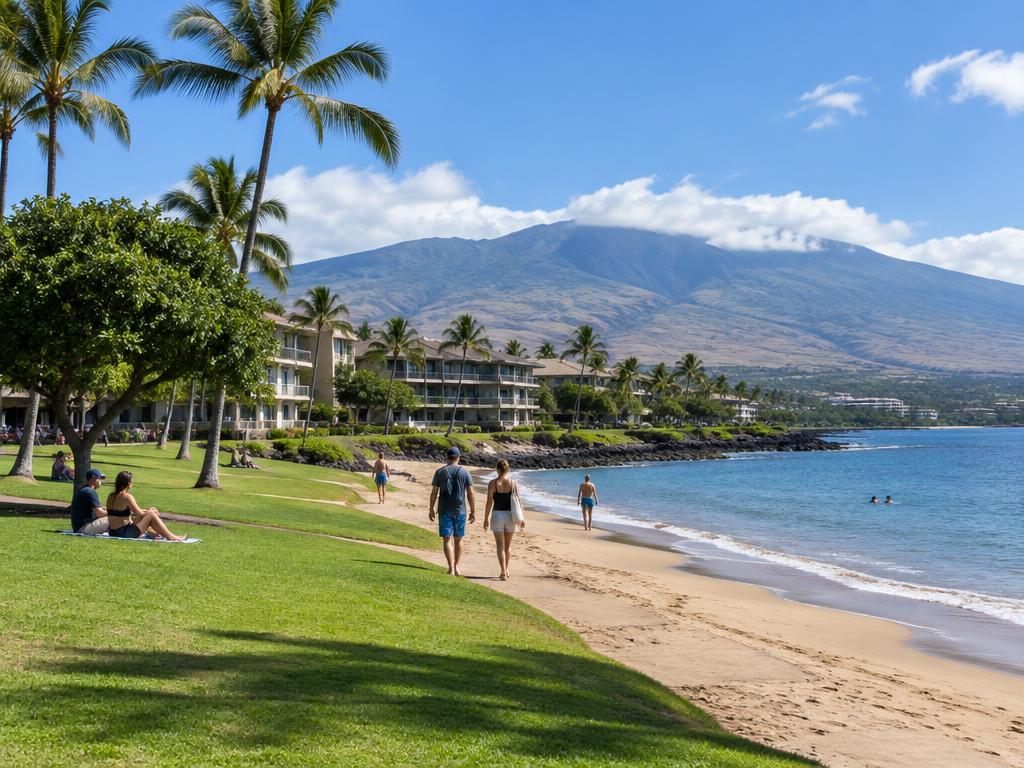 Casual beach park and low-rise condos in Kīhei, South Maui