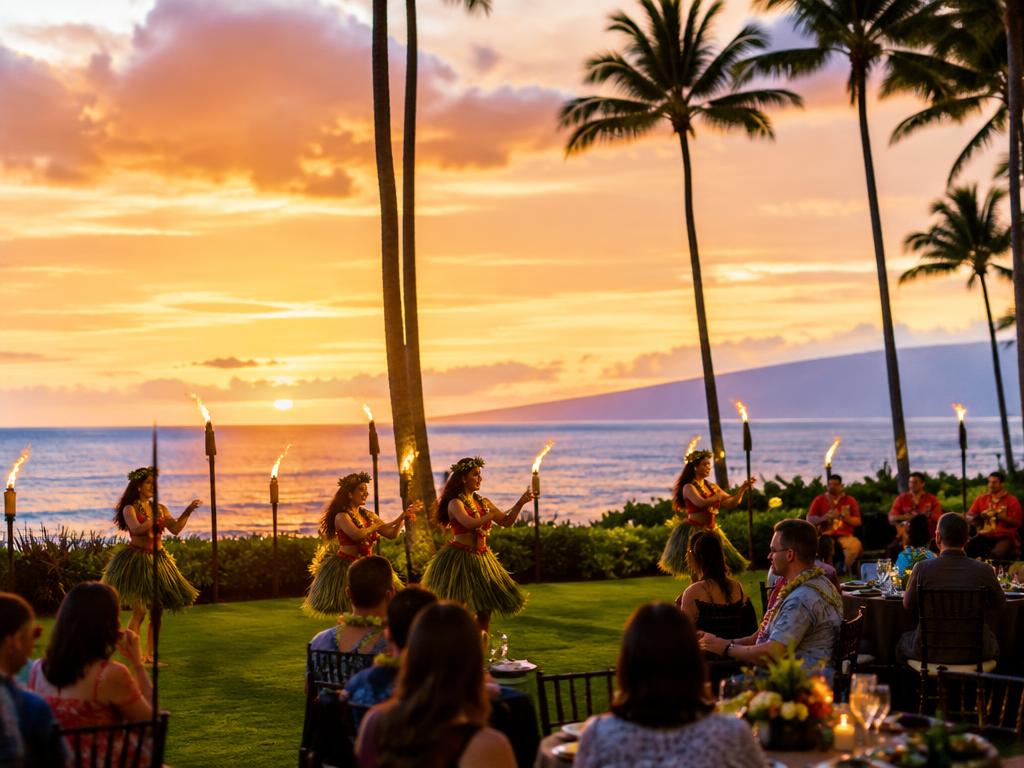 Hula dancers at a sunset luau on Maui