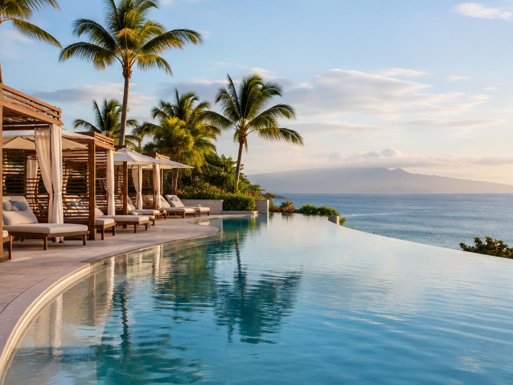 Infinity pool with cabanas overlooking the ocean in Wailea, Maui