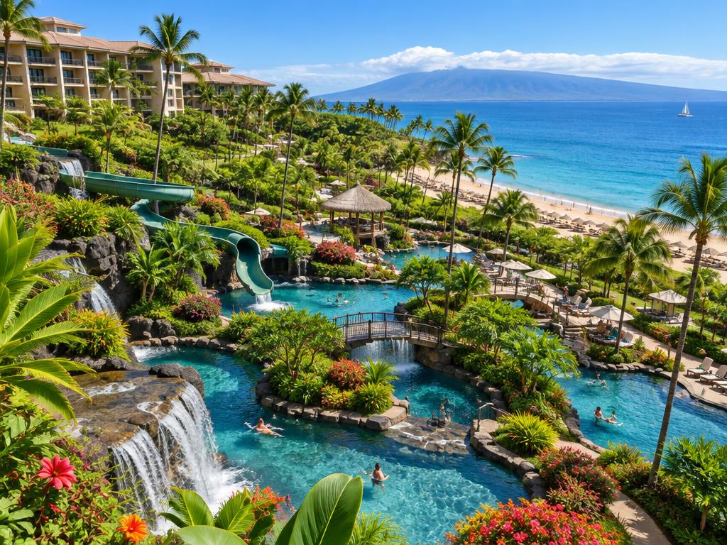 Multi-level lagoon pools and gardens at a large Wailea resort