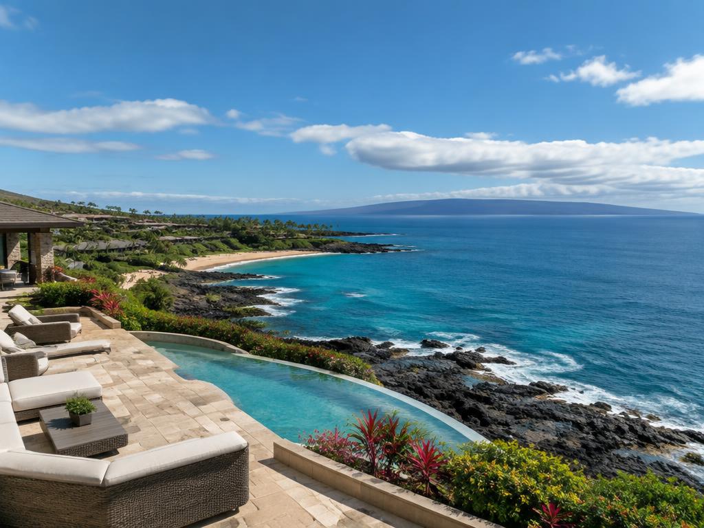 Oceanfront terrace above a lava-rock bay in Kapalua, West Maui