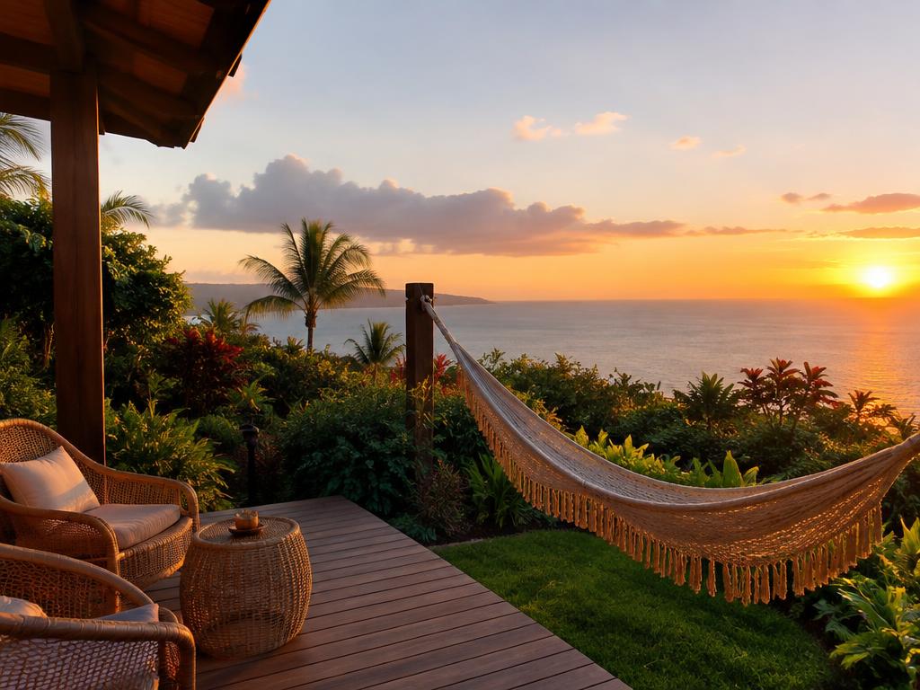 Private garden lanai with hammock and sunset ocean view in Maui