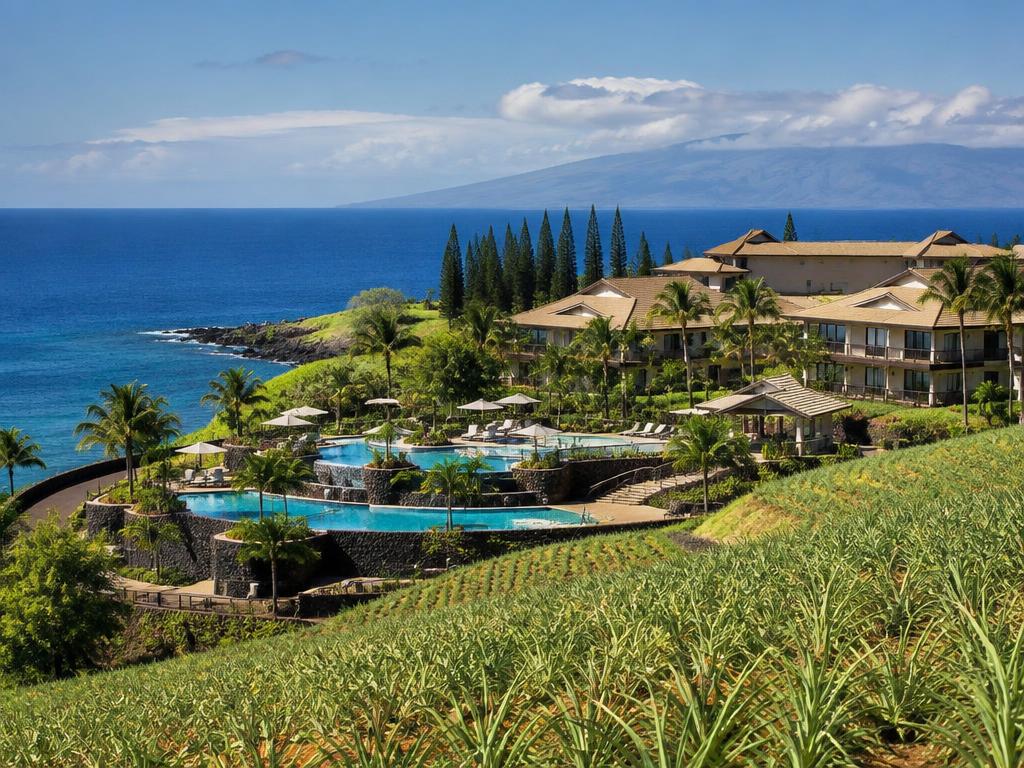 Hillside resort pools above pineapple fields in Kapalua