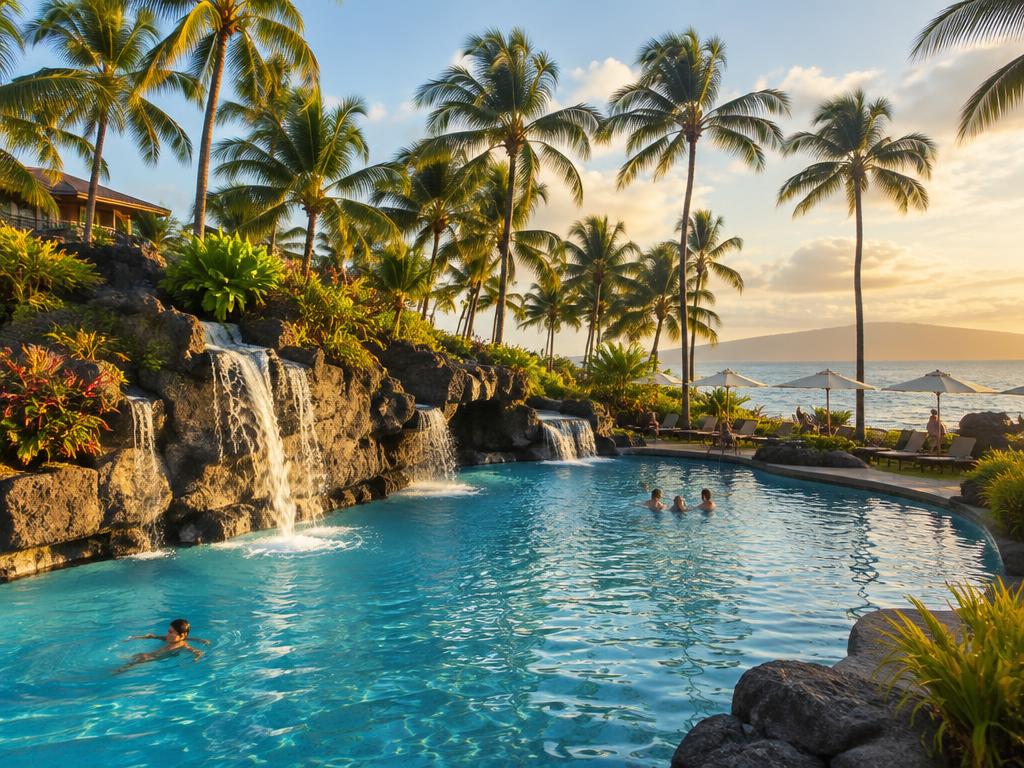 Waterfall pool beside Kāʻanapali Beach at golden hour