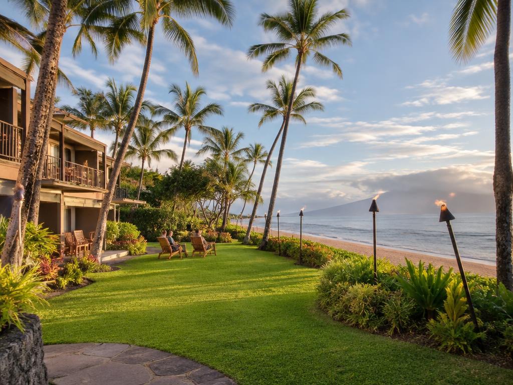 Palm-lined lawn and tiki torches at a classic Kāʻanapali beach hotel