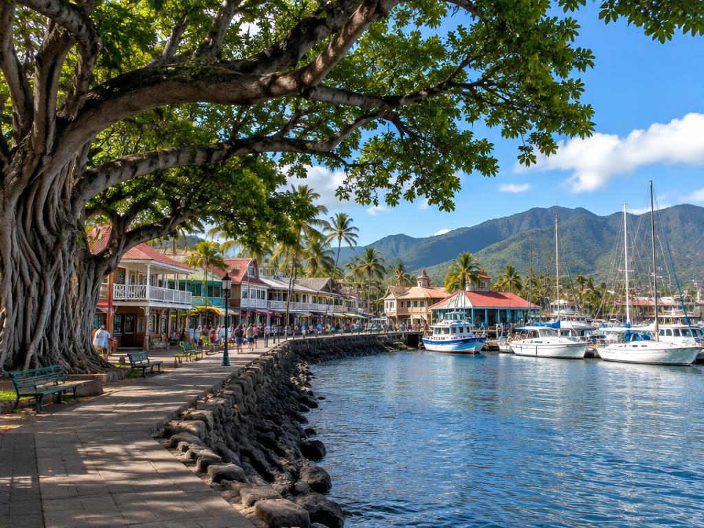 Harbor-front historic town with banyan tree on Maui