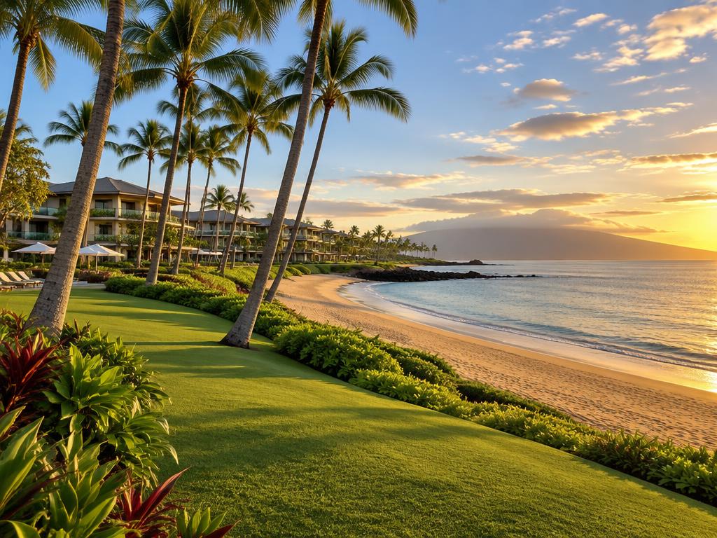 Palm-lined lawn and calm golden beach in Wailea, Maui at sunset