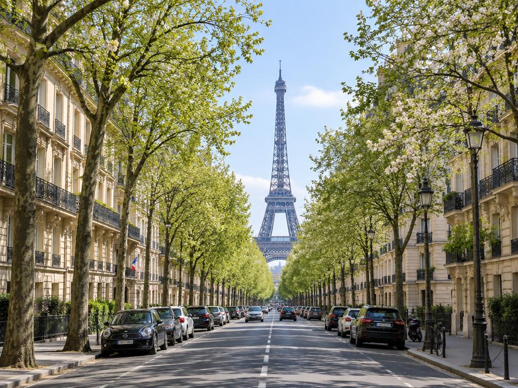 Tree-lined avenue in the 7th arrondissement with the Eiffel Tower at the end